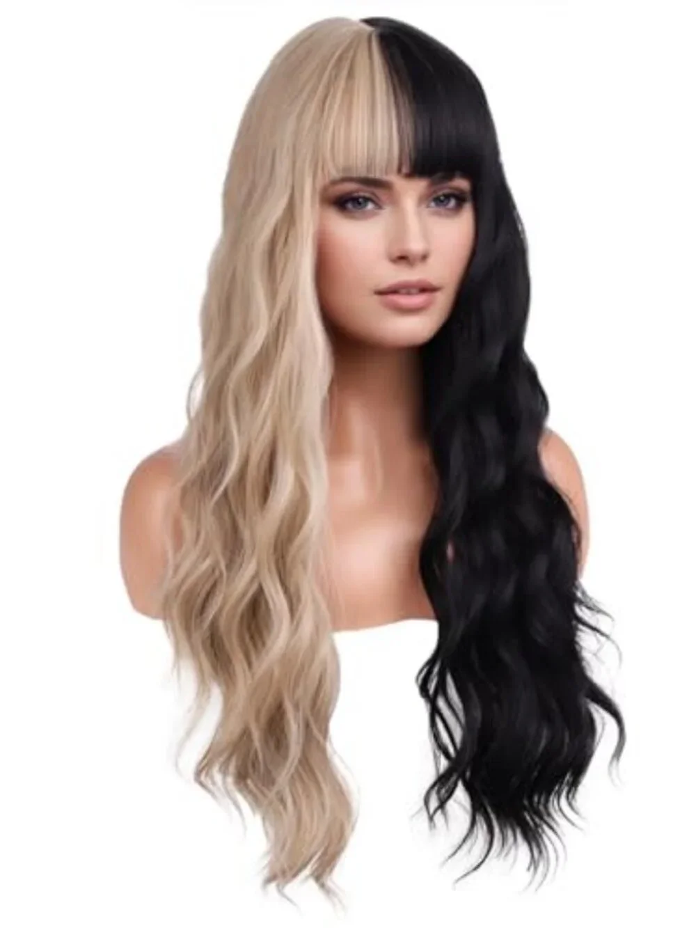 Black and Blonde Long Wavy Curly Wig with Bangs for Women